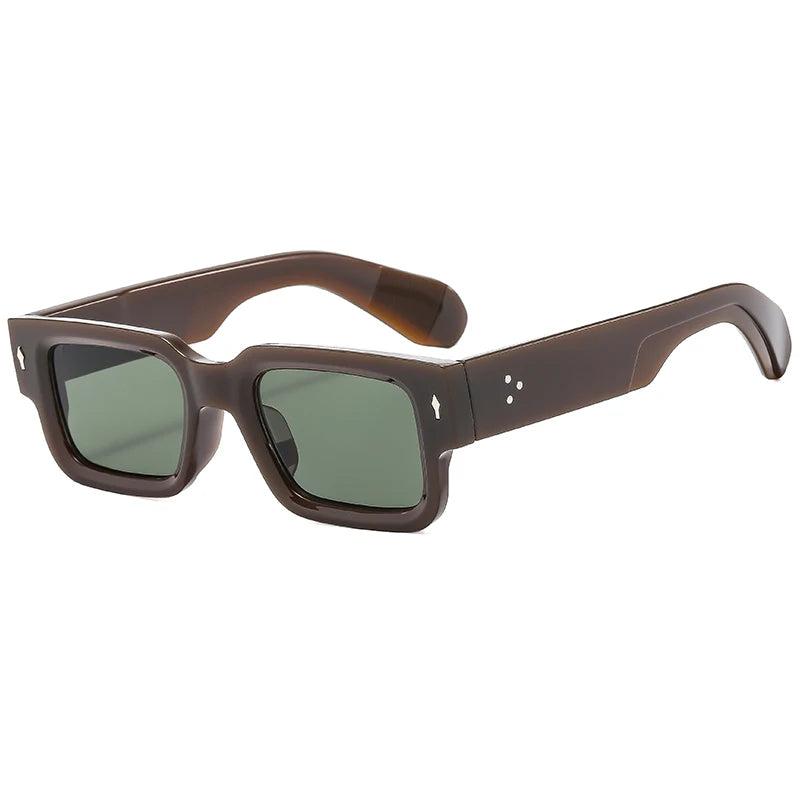 Brown classic square sunglasses with rivet details shown from the side.