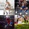A woman wearing black compression socks is shown in a studio setting, alongside images of sports performance.