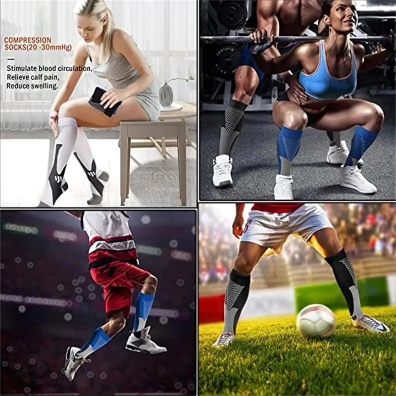 A woman wearing black compression socks is shown in a studio setting, alongside images of sports performance.