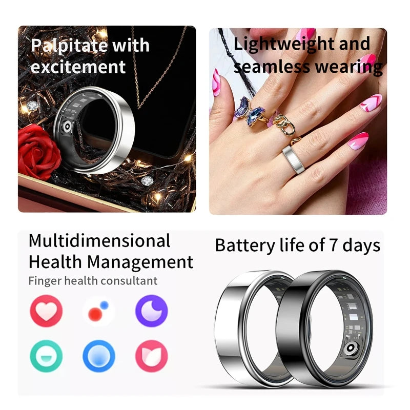A silver smart health ring fitness tracker shown with close-ups of its features and usage.