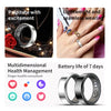 A silver smart health ring fitness tracker shown with close-ups of its features and usage.