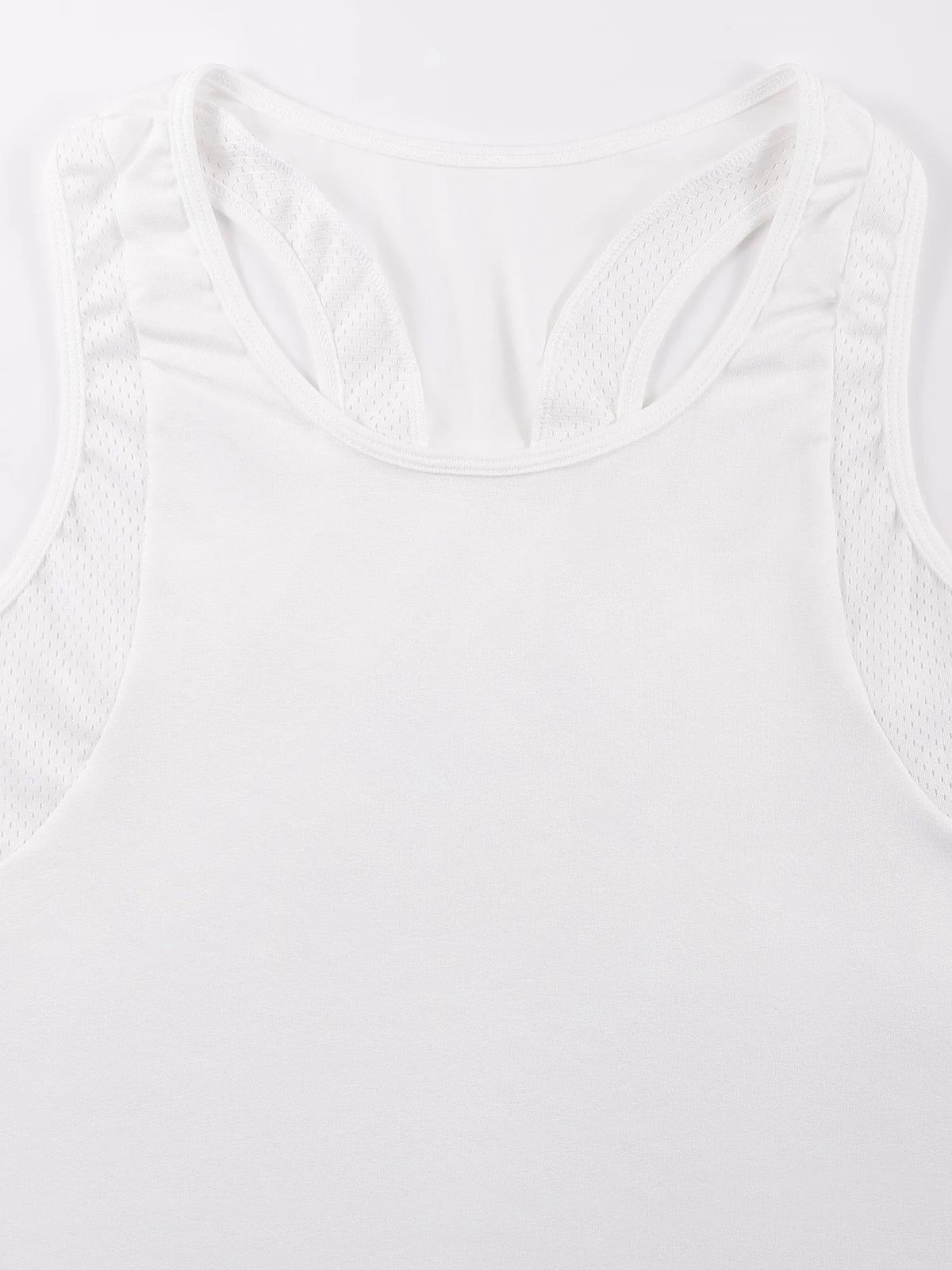 White women's breathable sport tank top with mesh detailing on the neckline and armholes.