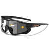 Black photochromic sports sunglasses with a yellow sun graphic and the word POAT on the lens.