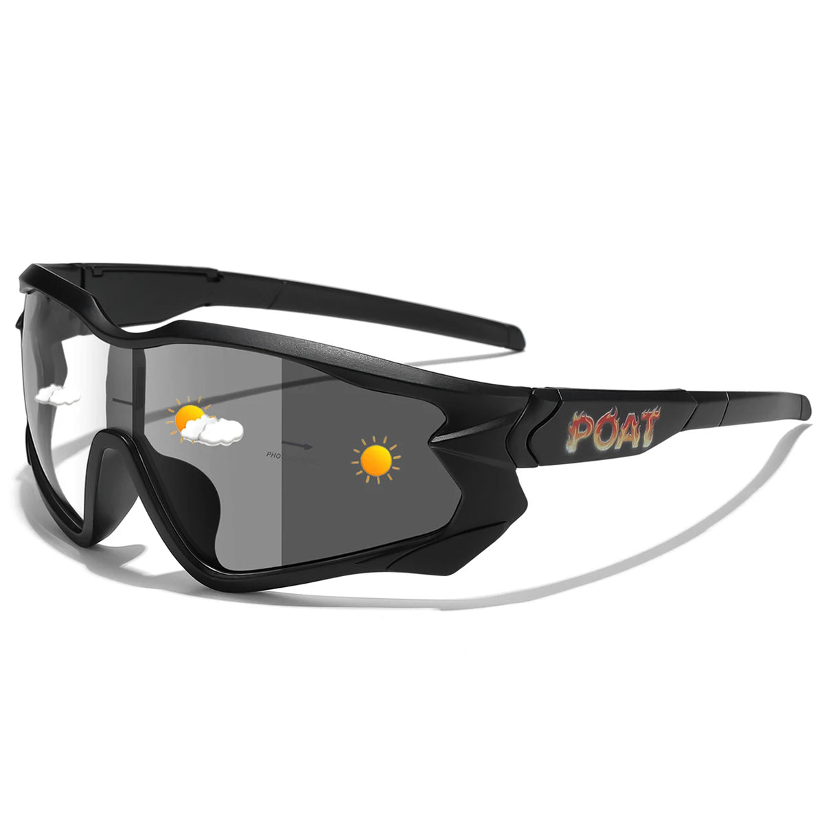 Black photochromic sports sunglasses with a yellow sun graphic and the word POAT on the lens.