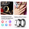A smart health ring fitness tracker shown with various features and a close-up of the ring itself.