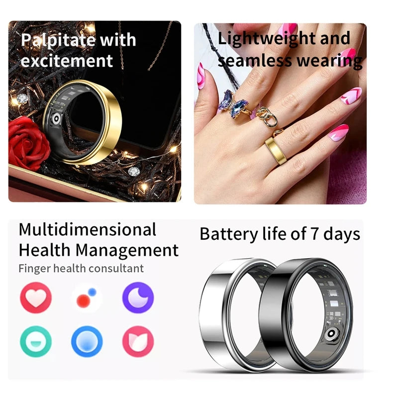 A smart health ring fitness tracker shown with various features and a close-up of the ring itself.