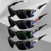 A set of black polarized sunglasses with blue accents displayed against a gray background.