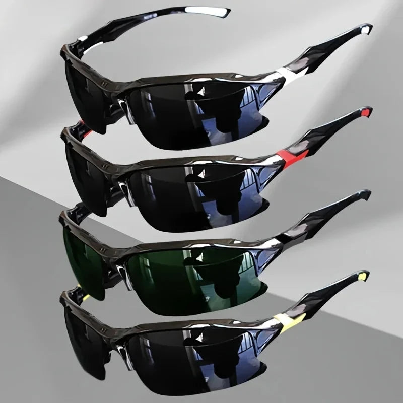 A set of black polarized sunglasses with blue accents displayed against a gray background.