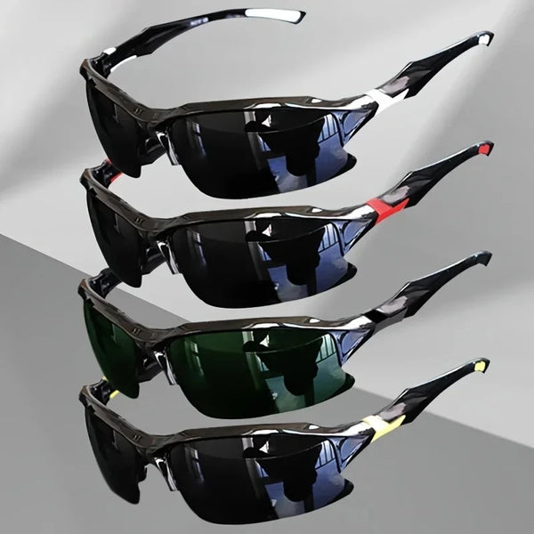 A set of black polarized sunglasses with blue accents displayed against a gray background.