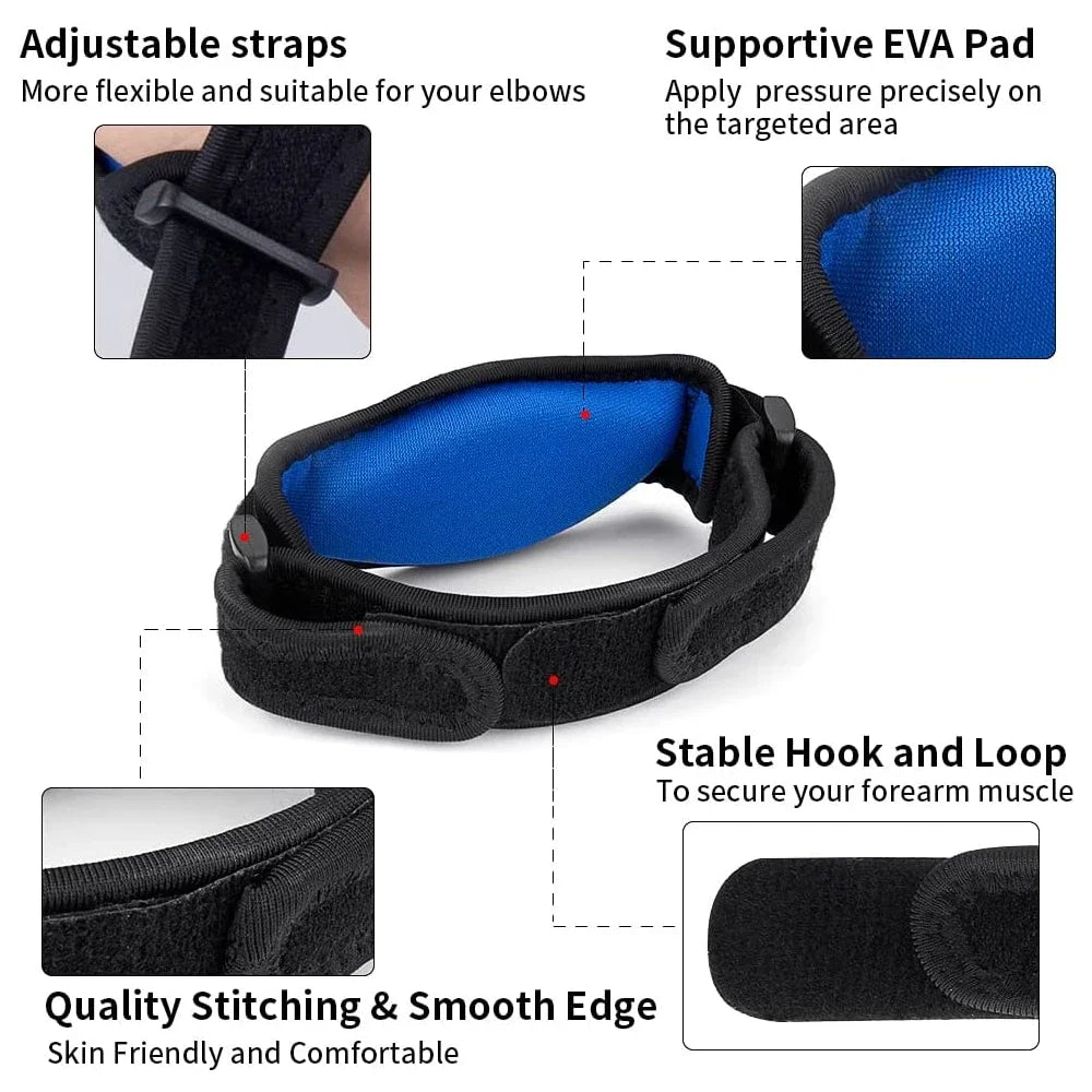Black adjustable elbow support brace with blue padding and stitching details