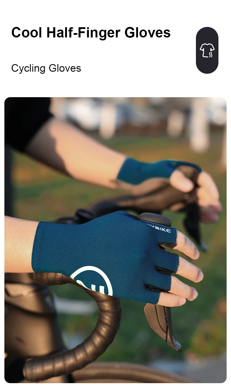 A hand wearing a dark blue half-finger cycling glove gripping a bicycle handlebar.