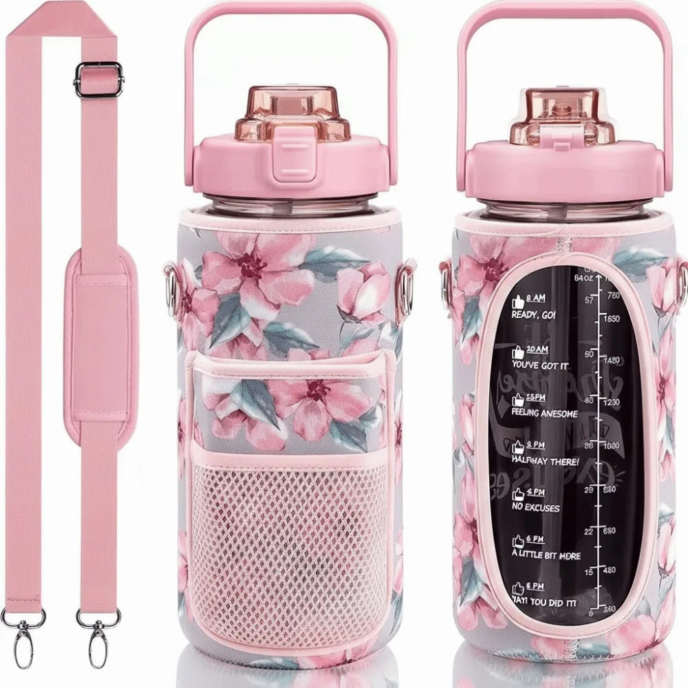 A pink insulated water bottle cover with a mesh sleeve and adjustable strap, featuring a floral pattern.