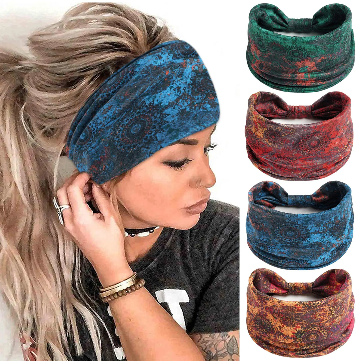 A woman wearing a blue patterned cotton headband while posing with long blonde hair.