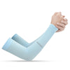 Light blue fashion arm sleeves being worn by a hand