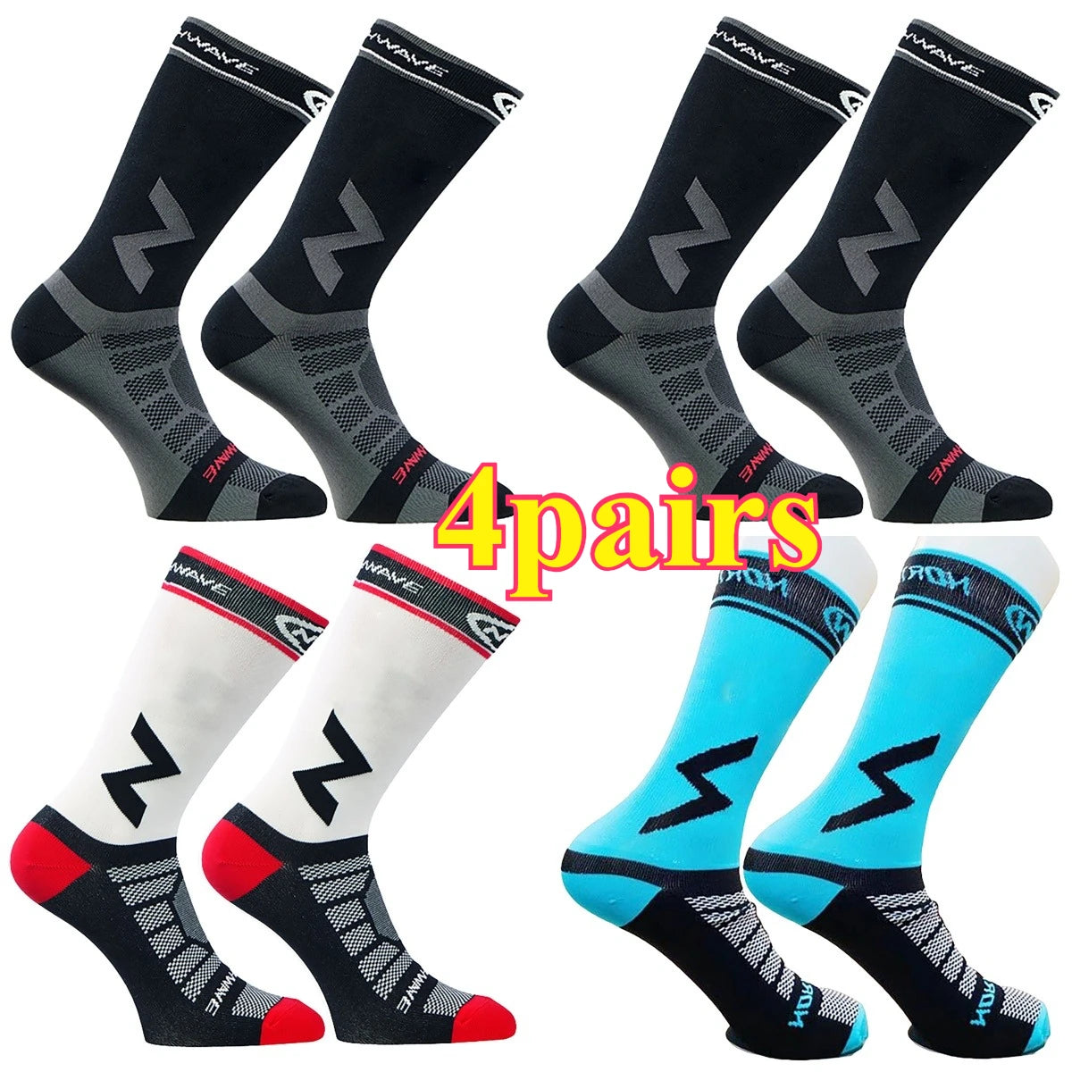 Four pairs of black and gray compression cycling socks shown from various angles