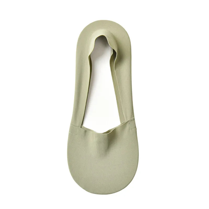A pair of olive green silicone anti-slip summer socks shown from the top view.