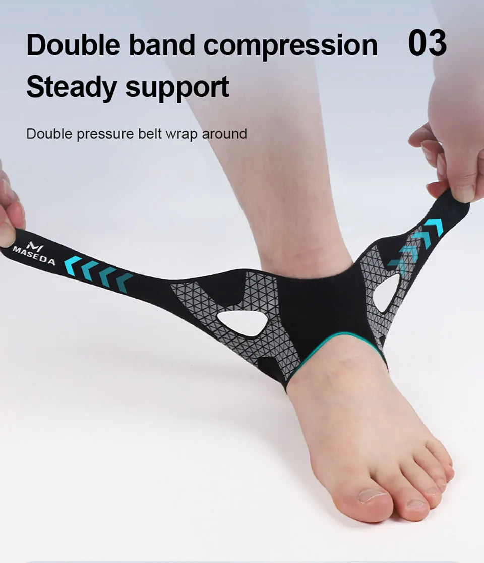 Black double pressure belt wrap ankle brace for steady support worn on a foot.