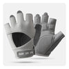 A pair of gray half finger sports gloves for weight lifting and exercise shown from above.