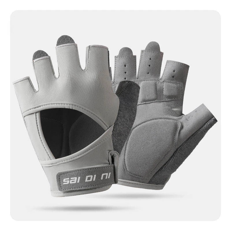 A pair of gray half finger sports gloves for weight lifting and exercise shown from above.