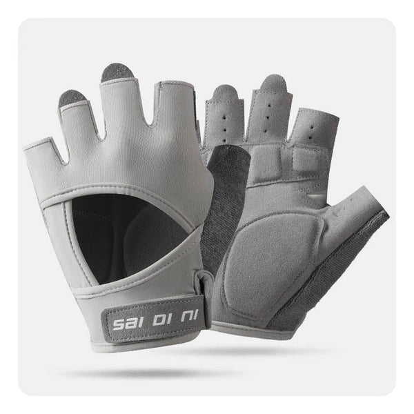 A pair of gray half finger sports gloves for weight lifting and exercise shown from above.