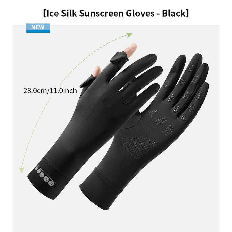 Black Ice Silk sunscreen gloves shown on a hand, measuring 28.0cm/11.0inch.
