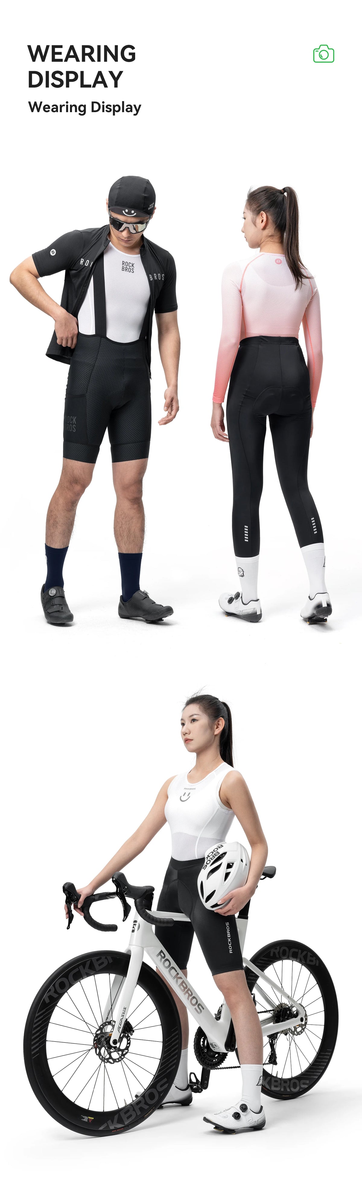 Eine Frau in schwarzer Fahrradbekleidung und Socken steht neben einem Fahrrad.