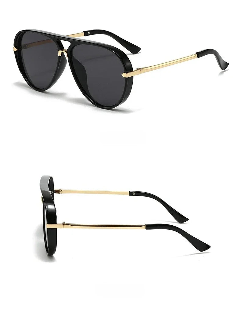 Classic oval pilot sunglasses with black lenses and gold-toned arms