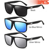 A set of three classic square sunglasses in black, ice blue mirror, and silver mirror finishes.