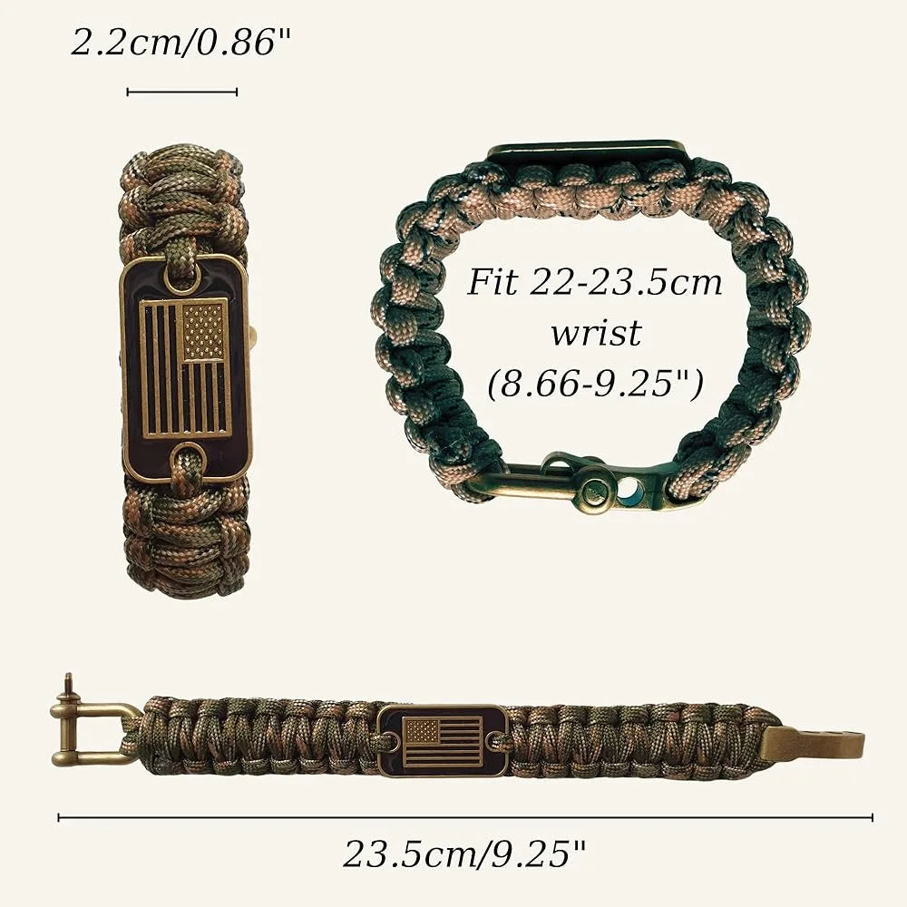 A tactical paracord survival bracelet featuring a bronze American flag charm, shown in various forms.