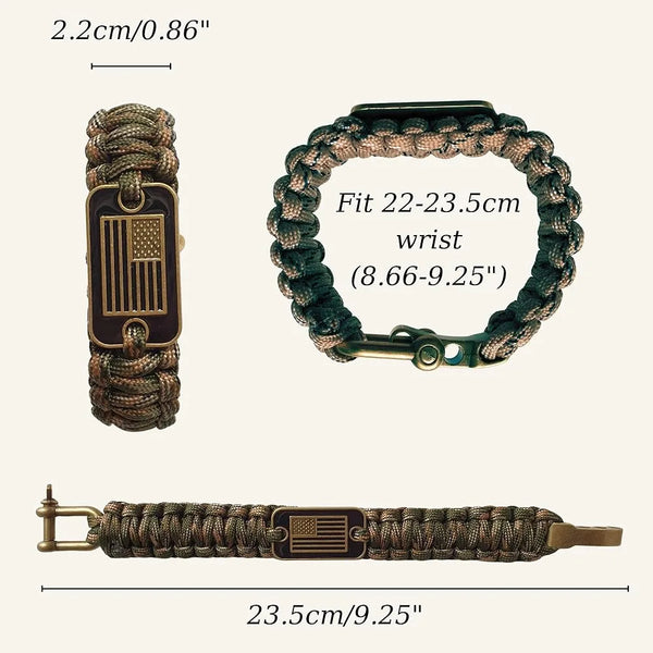 A tactical paracord survival bracelet featuring a bronze American flag charm, shown in various forms.