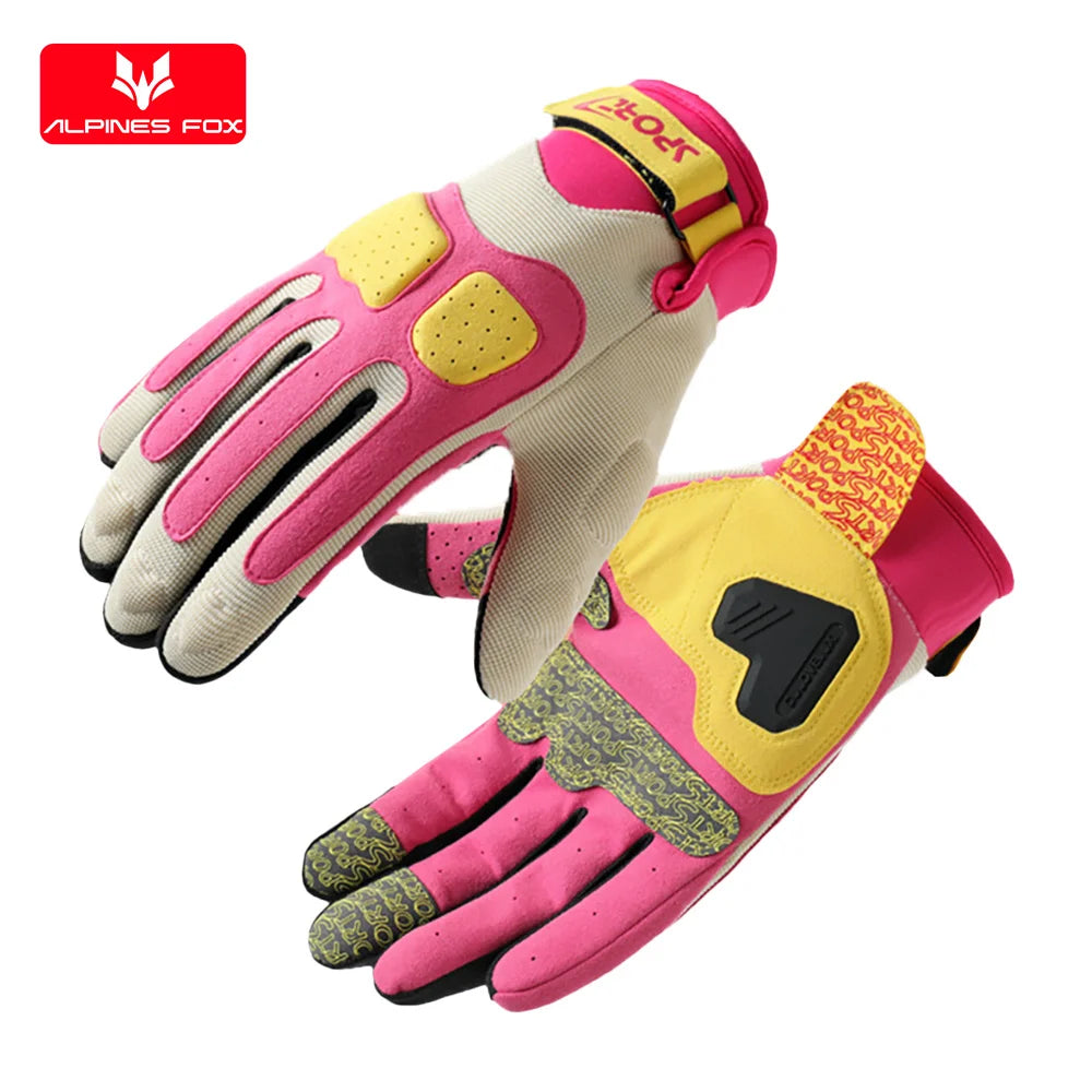 A pair of pink and yellow breathable motorcycle riding gloves for women shown in a close-up view.