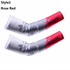 A pair of Rose Red sports arm sleeves with a silver and red design shown against a white background.