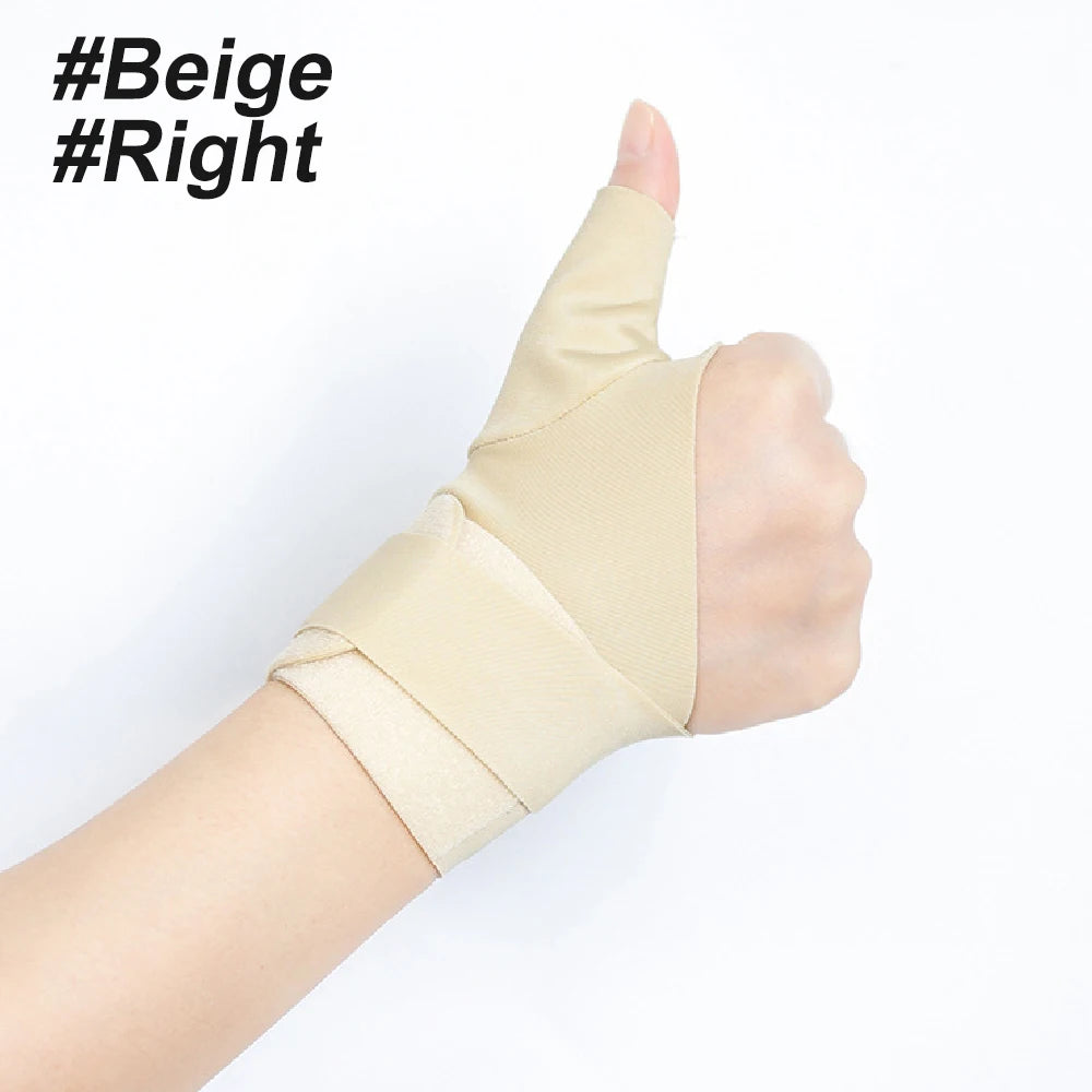 A hand wearing a beige adjustable thumb wrist support brace, showing a thumbs-up gesture.