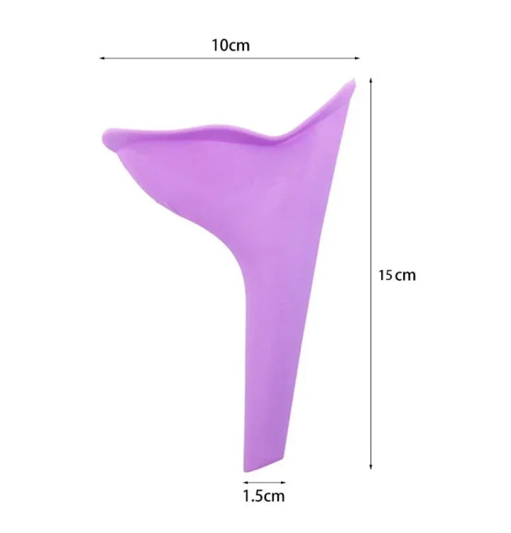 A purple portable telescopic urinal with dimensions 10cm by 15cm and 1.5cm.