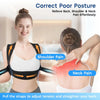 A woman is shown wearing a black posture corrector device to relieve back, shoulder, and neck pain.
