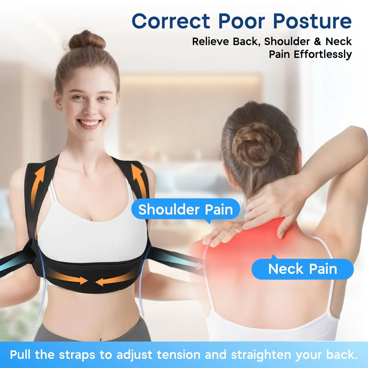 A woman is shown wearing a black posture corrector device to relieve back, shoulder, and neck pain.