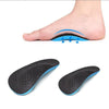 Black and blue orthopedic EVA arch support insoles shown on a foot for shoe comfort