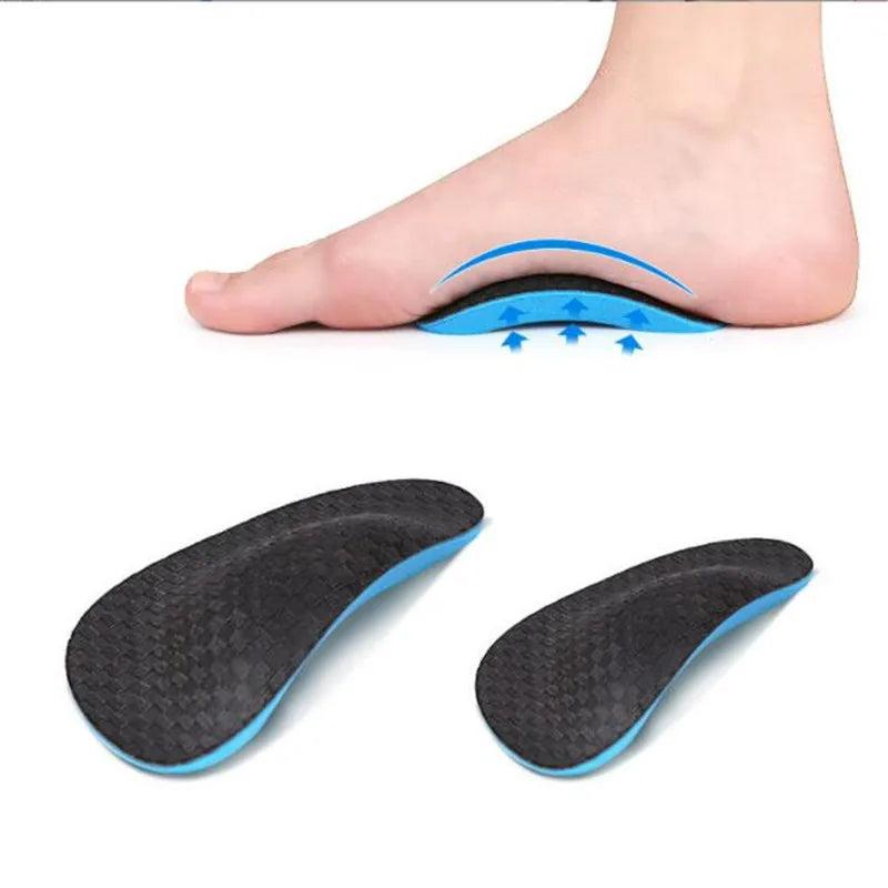 Black and blue orthopedic EVA arch support insoles shown on a foot for shoe comfort