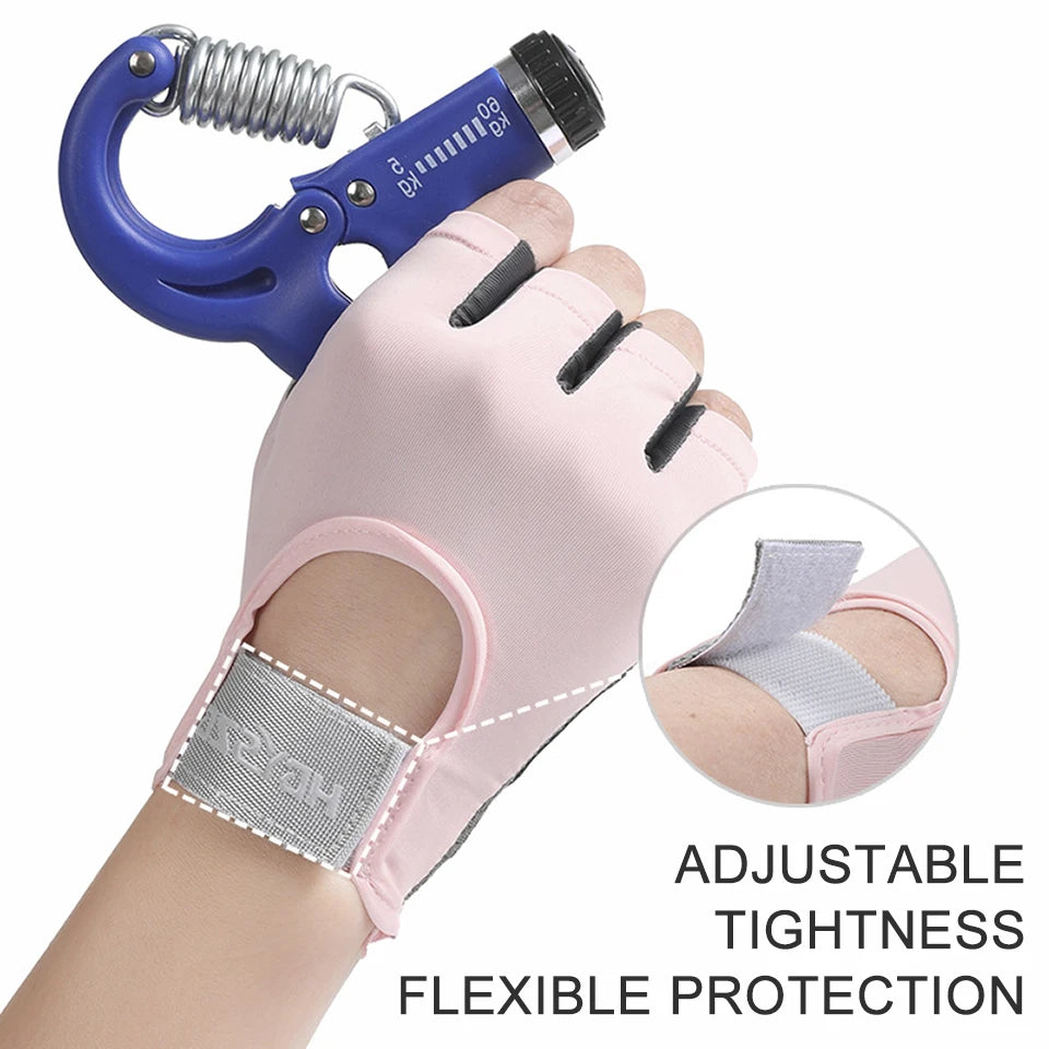 Pink adjustable cycling gloves with a metal hook and protective padding for hands