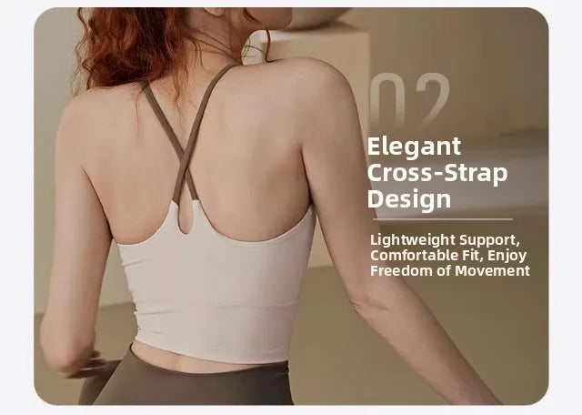 A woman wearing an elegant cross-strap sports bra for Pilates or yoga, highlighting its lightweight support and fit.