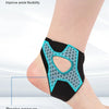 Black and teal ankle support brace demonstrating tough-nail protection and precise pressure application on a foot.