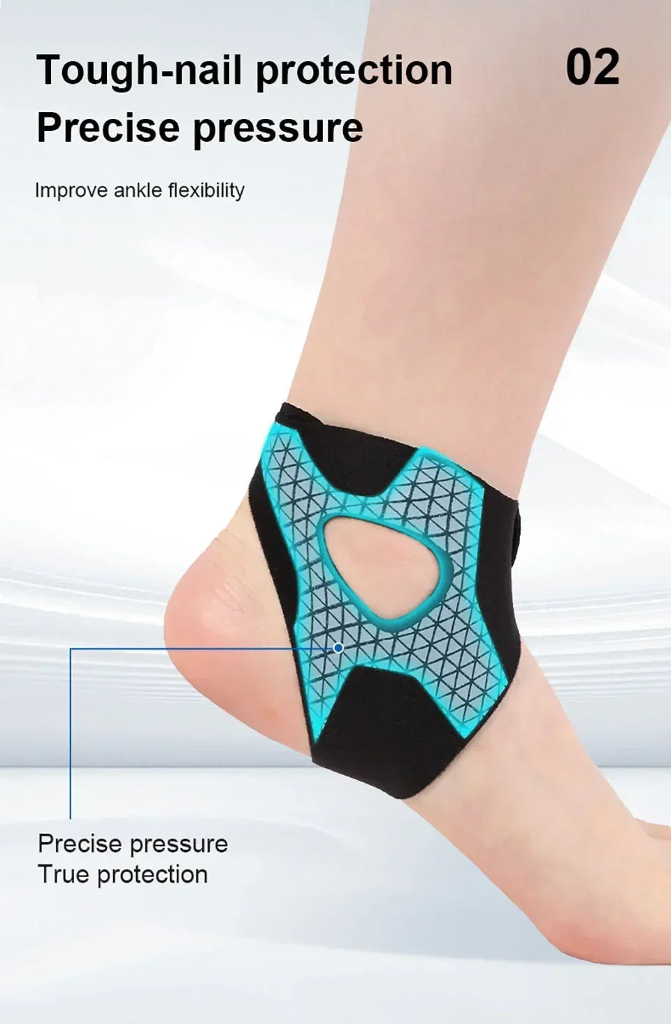 Black and teal ankle support brace demonstrating tough-nail protection and precise pressure application on a foot.