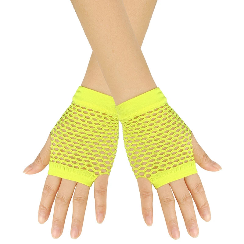 Bright yellow mesh fingerless gloves worn on a hand.