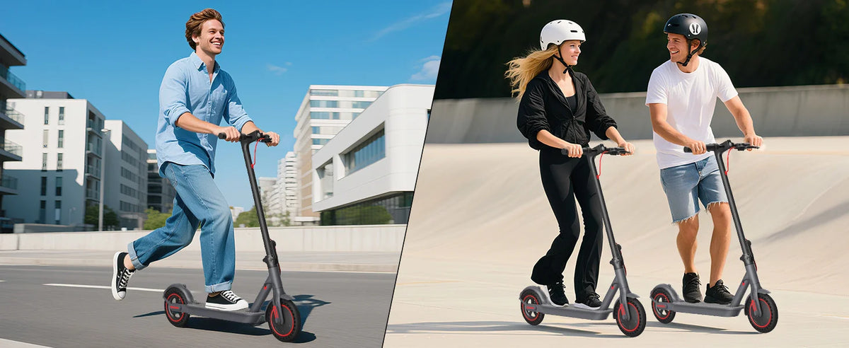 Two people ride high-performance electric scooters outdoors on a paved path.