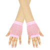 Pink mesh fingerless gloves worn on hands