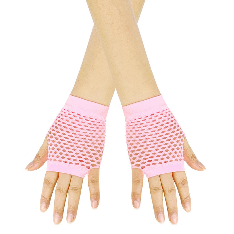 Pink mesh fingerless gloves worn on hands