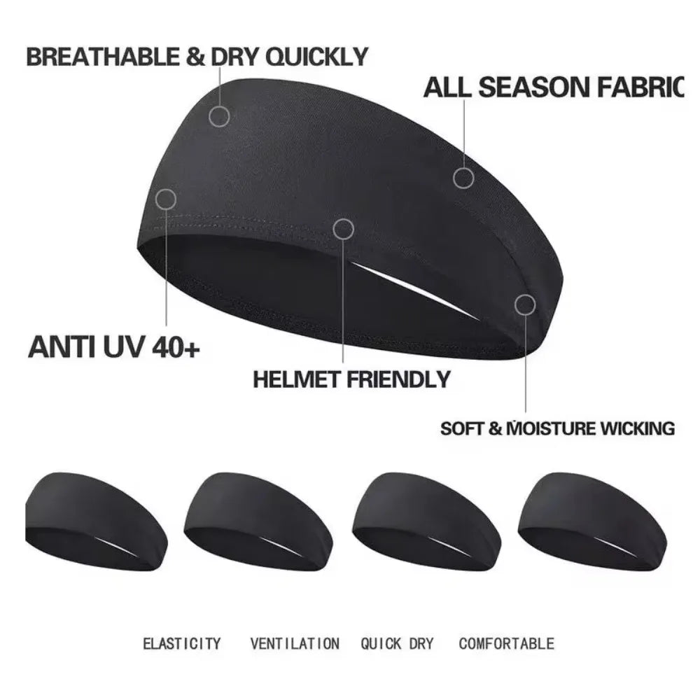 Black breathable and dry quick all-season fabric sports headband designed to be helmet friendly and soft with moisture wickin