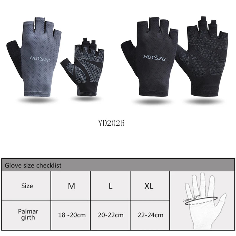 A set of black fingerless cycling and fitness gloves in various sizes M, L, and XL with a size checklist.