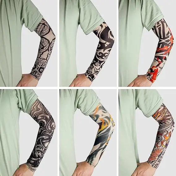 A set of full arm tattoo sleeves in black and orange designs worn on the arms of a person.