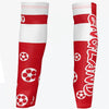 Red and white flag arm sleeves for sports and sun protection, shown in a vertical view.